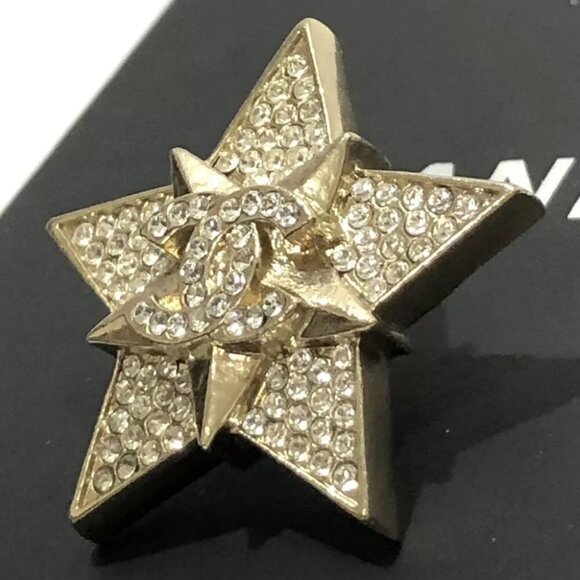 CHANEL CC Logo Double Star Rhinestone Brooch Gold Tone Pin A17C Auth w/Box D-j11 - Picture 11 of 16